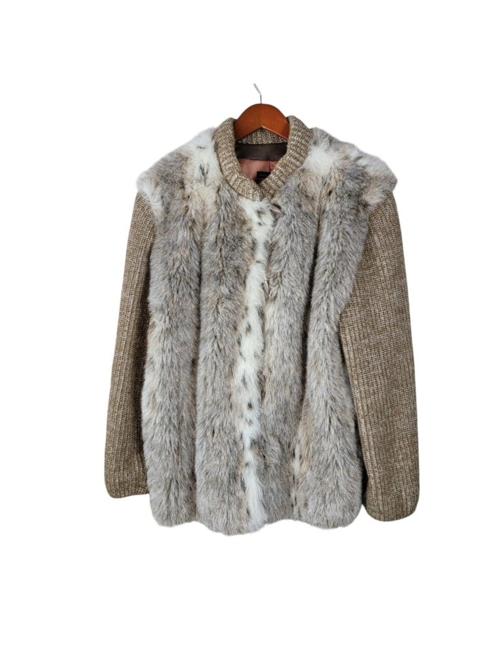 Vintage Faux Fur Coat Jacket Size Medium Large Knit Tan Button Up Winter